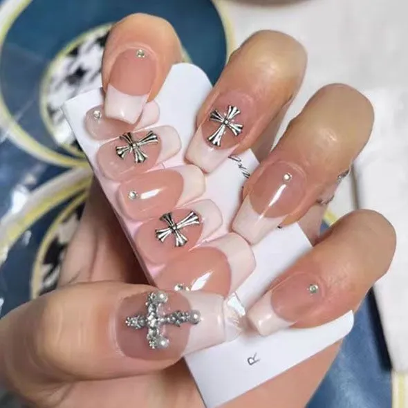 10 PCS Chrome Hearts Coffin Pink French Nail