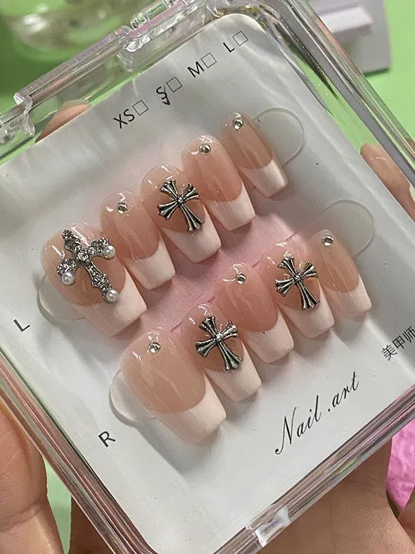 10 PCS Chrome Hearts Coffin Pink French Nail