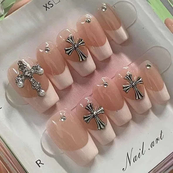 10 PCS Chrome Hearts Coffin Pink French Nail