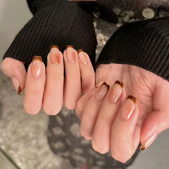 10 PCS Coffee Brown Coffin Shaped Acrylic Nails French Tip