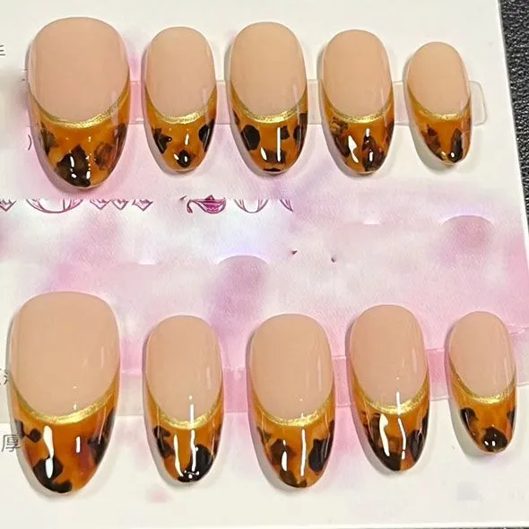 10 PCS Short Almond French Tip Acrylic Brown Marble Nails