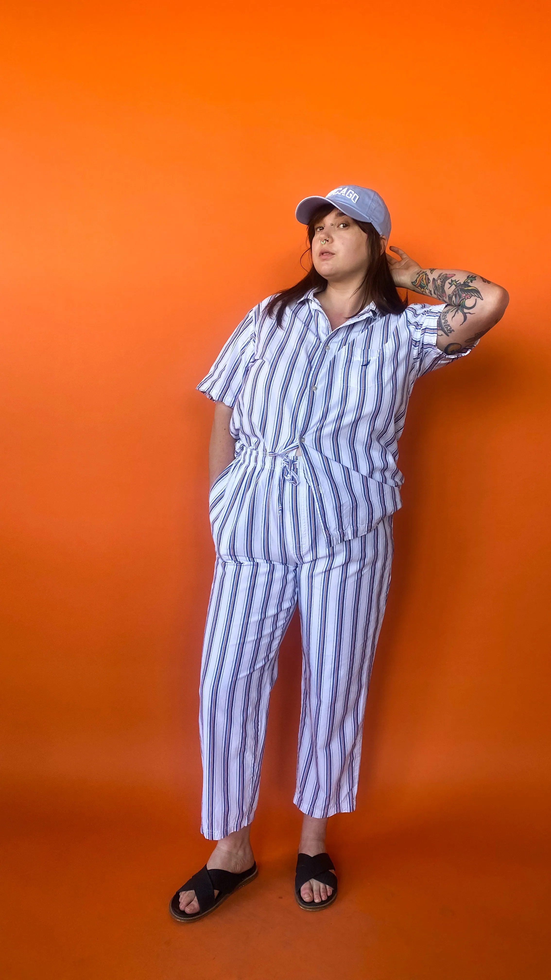 1990s White Pinstripe Pants Set, sz. L-1XL