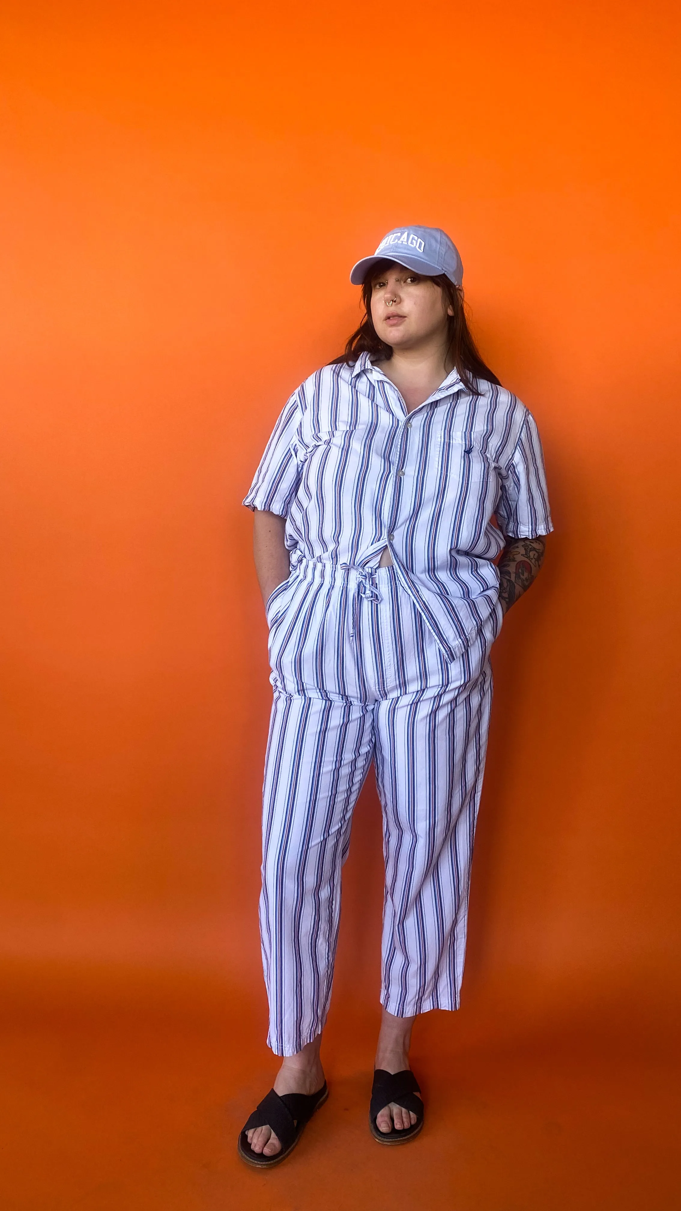 1990s White Pinstripe Pants Set, sz. L-1XL