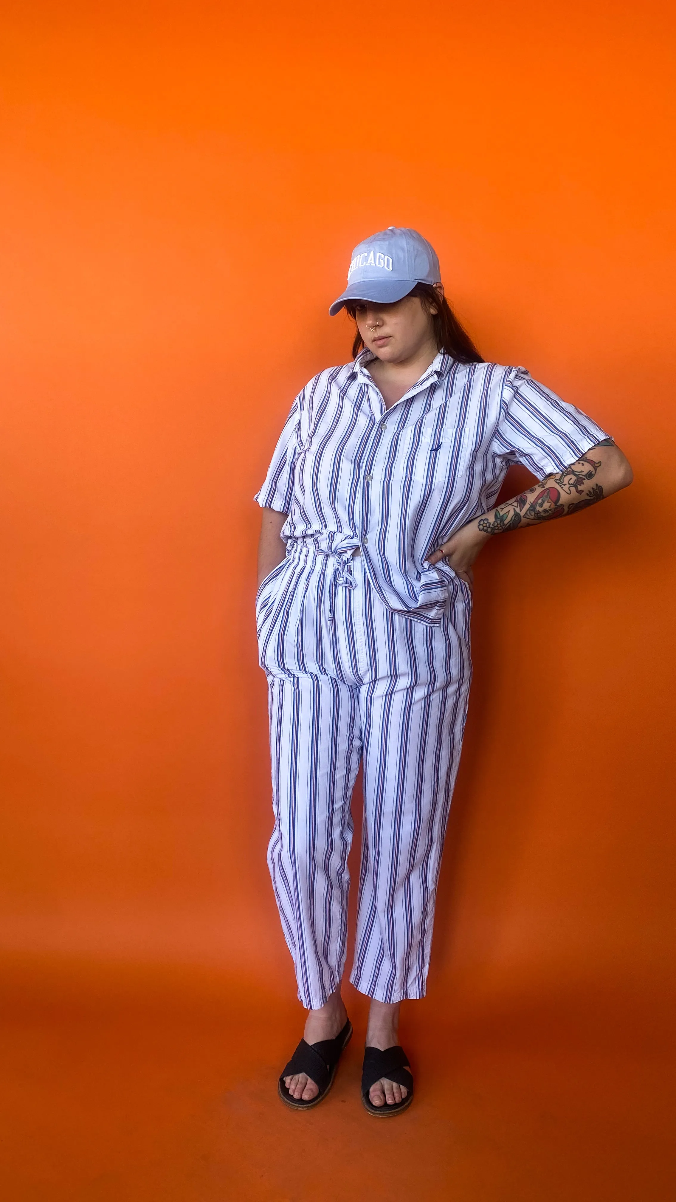 1990s White Pinstripe Pants Set, sz. L-1XL