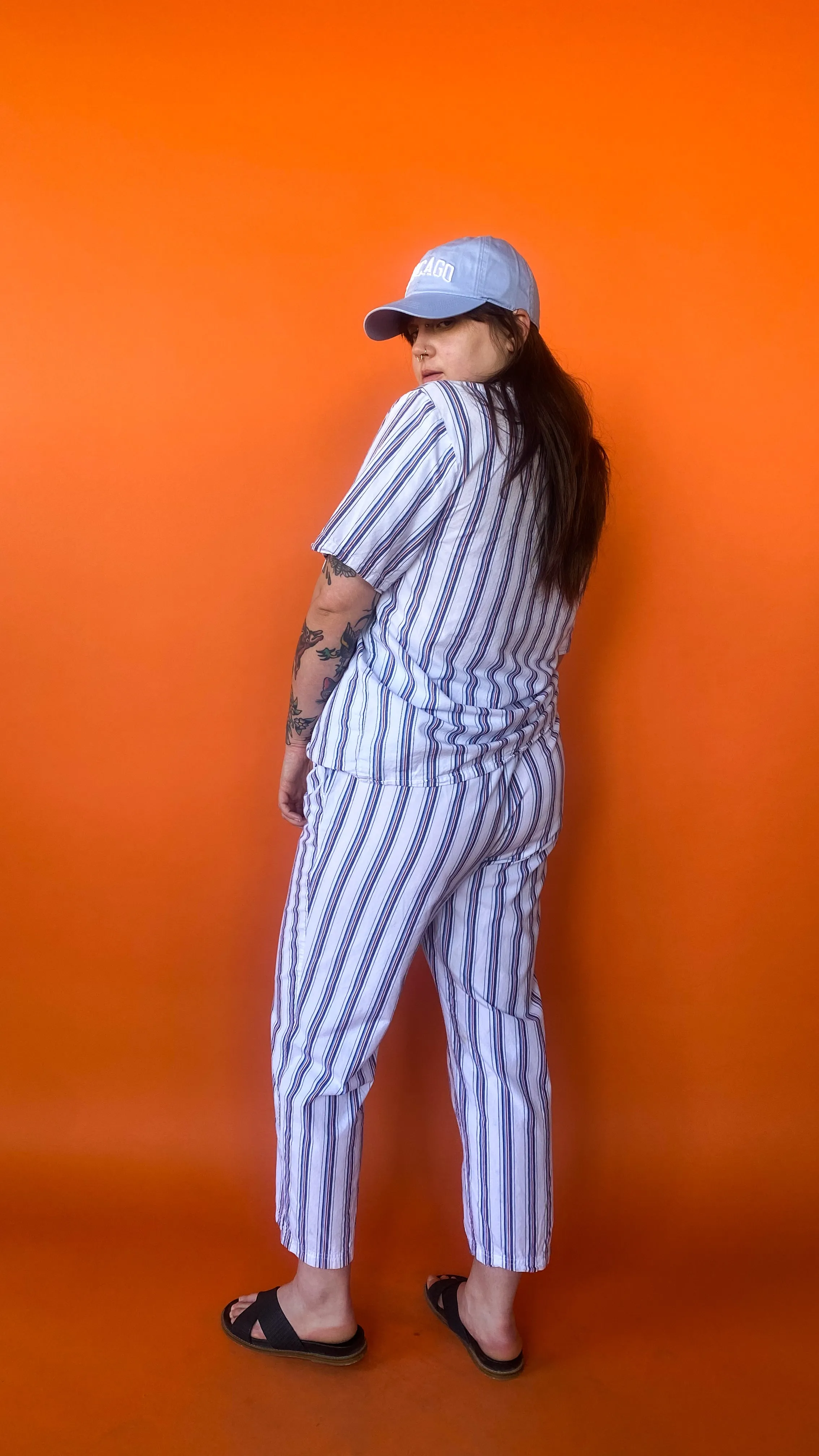 1990s White Pinstripe Pants Set, sz. L-1XL