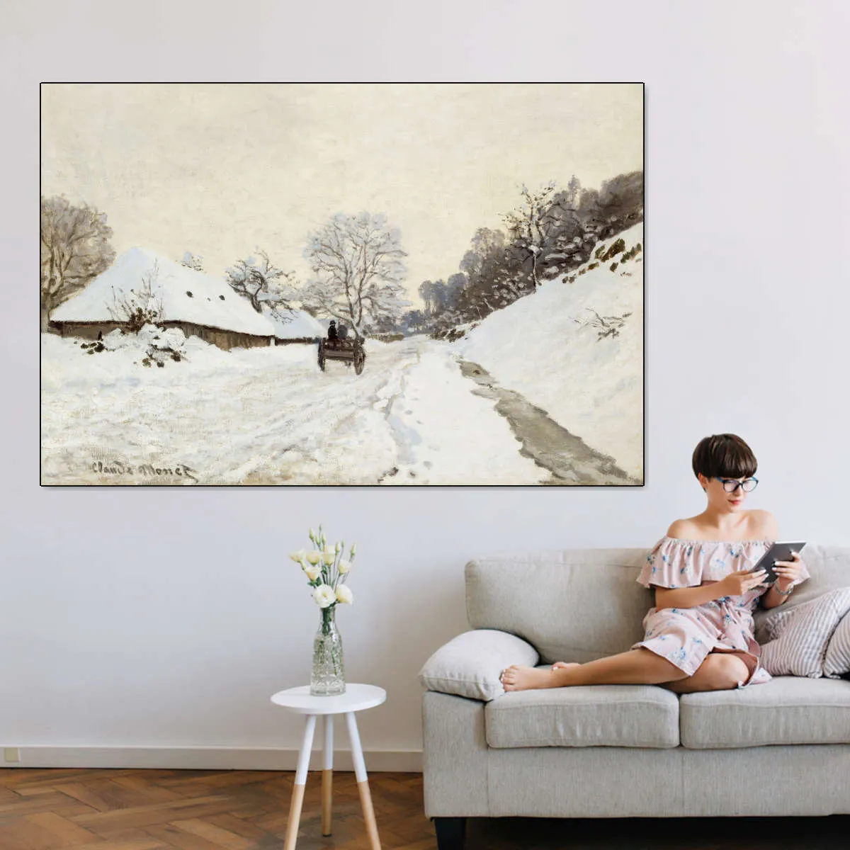 A Cart On The Snowy Road At Honfleur Wall Art