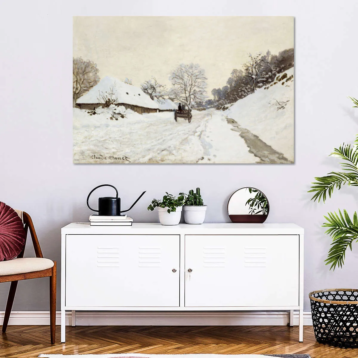 A Cart On The Snowy Road At Honfleur Wall Art