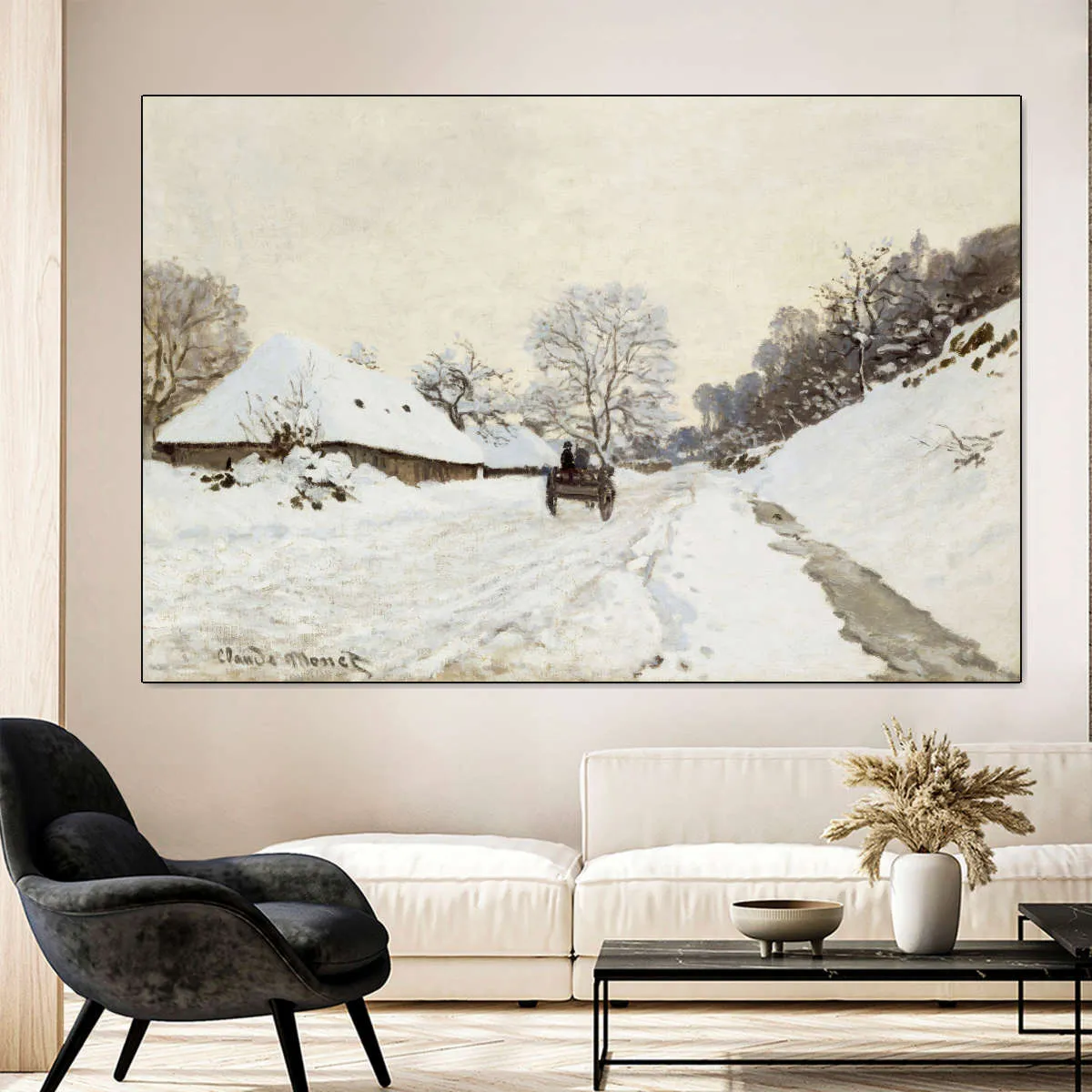 A Cart On The Snowy Road At Honfleur Wall Art