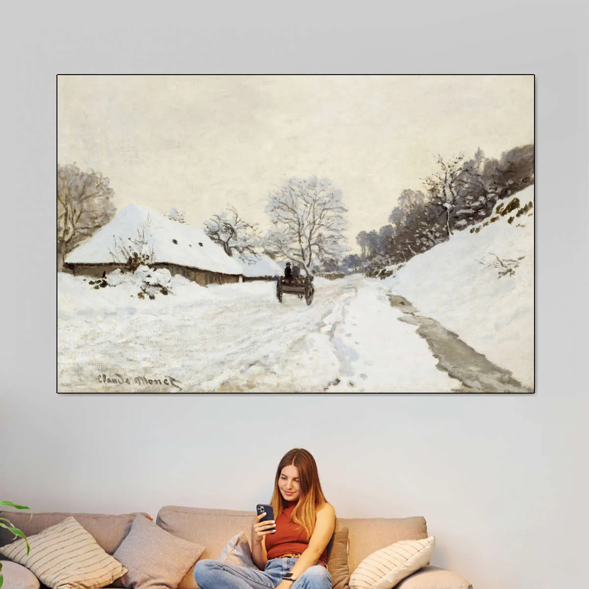 A Cart On The Snowy Road At Honfleur Wall Art