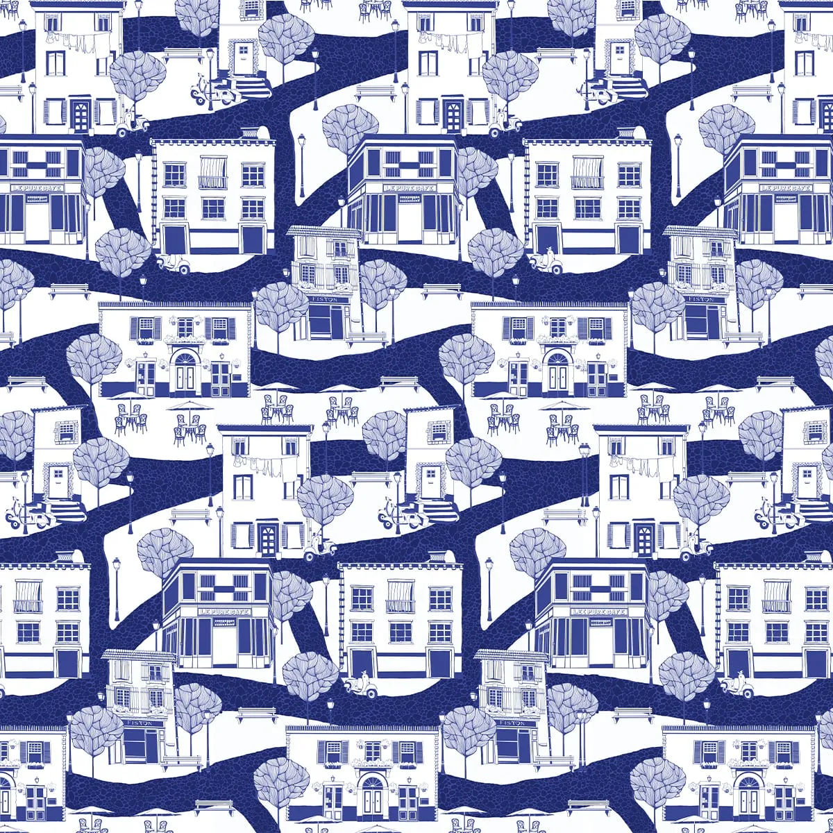 A French Town Indigo Blue Wallpaper for Wall