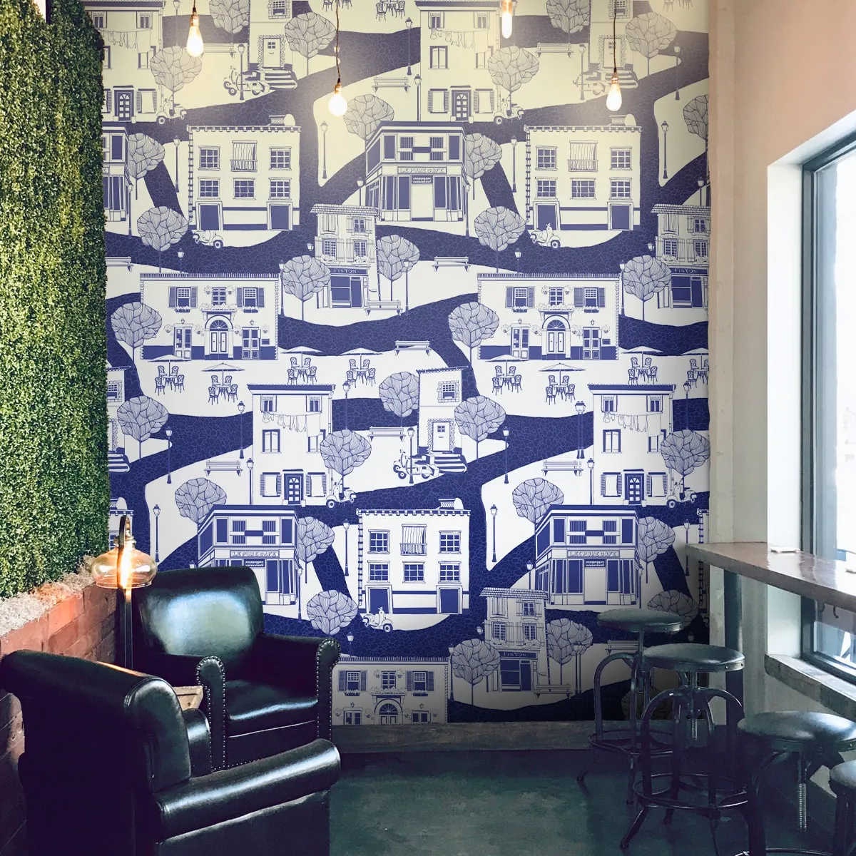 A French Town Indigo Blue Wallpaper for Wall