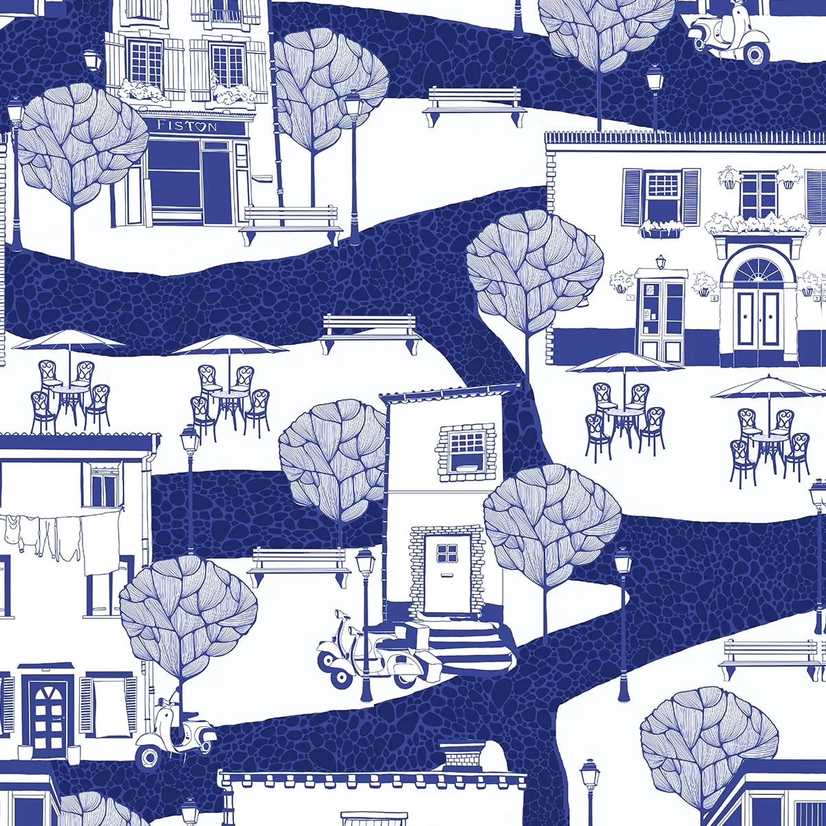 A French Town Indigo Blue Wallpaper for Wall