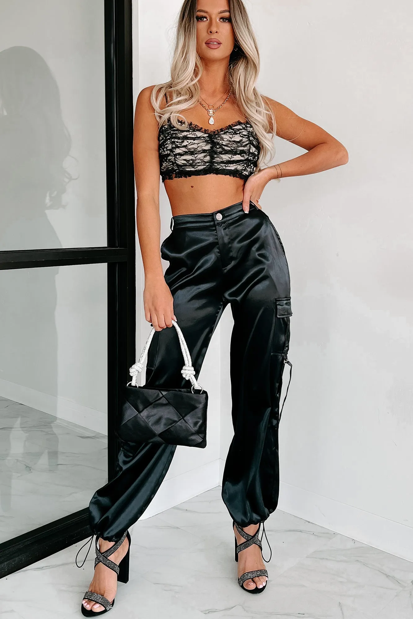 A Step Above Average Satin Cargo Pants (Black)