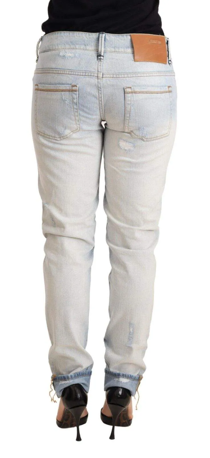 Acht Light Blue Distressed Cotton Folded Hem Denim Trouser Jeans