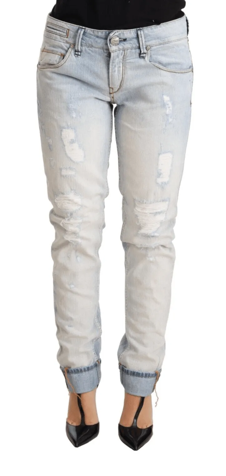 Acht Light Blue Distressed Cotton Folded Hem Denim Trouser Jeans