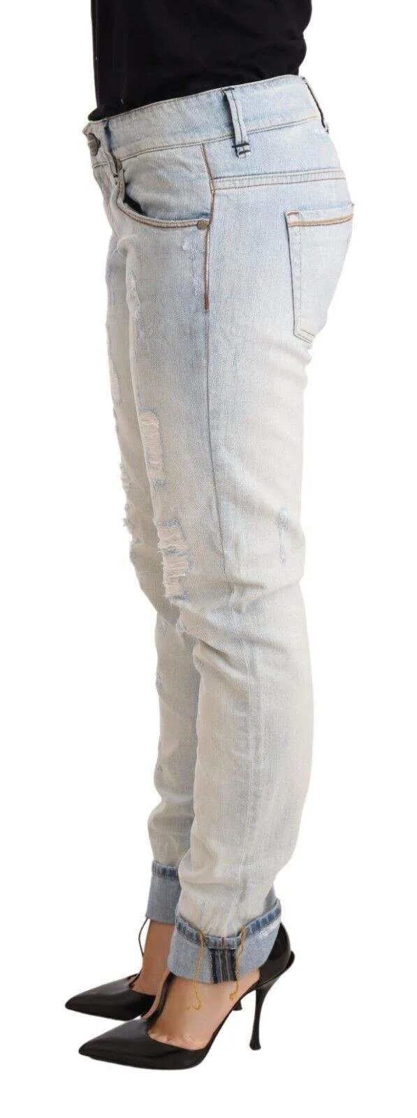 Acht Light Blue Distressed Cotton Folded Hem Denim Trouser Jeans