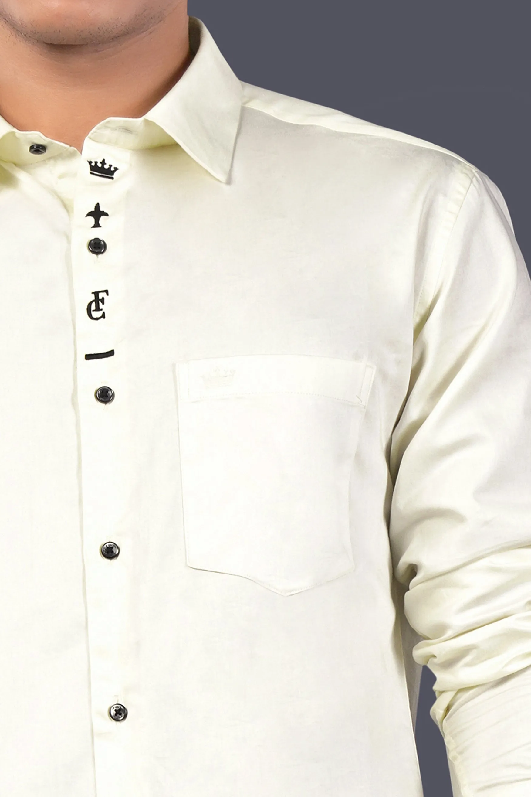 Amour Cream French Crown Elements Embroidered Subtle Sheen Super Soft Premium Cotton Designer Shirt