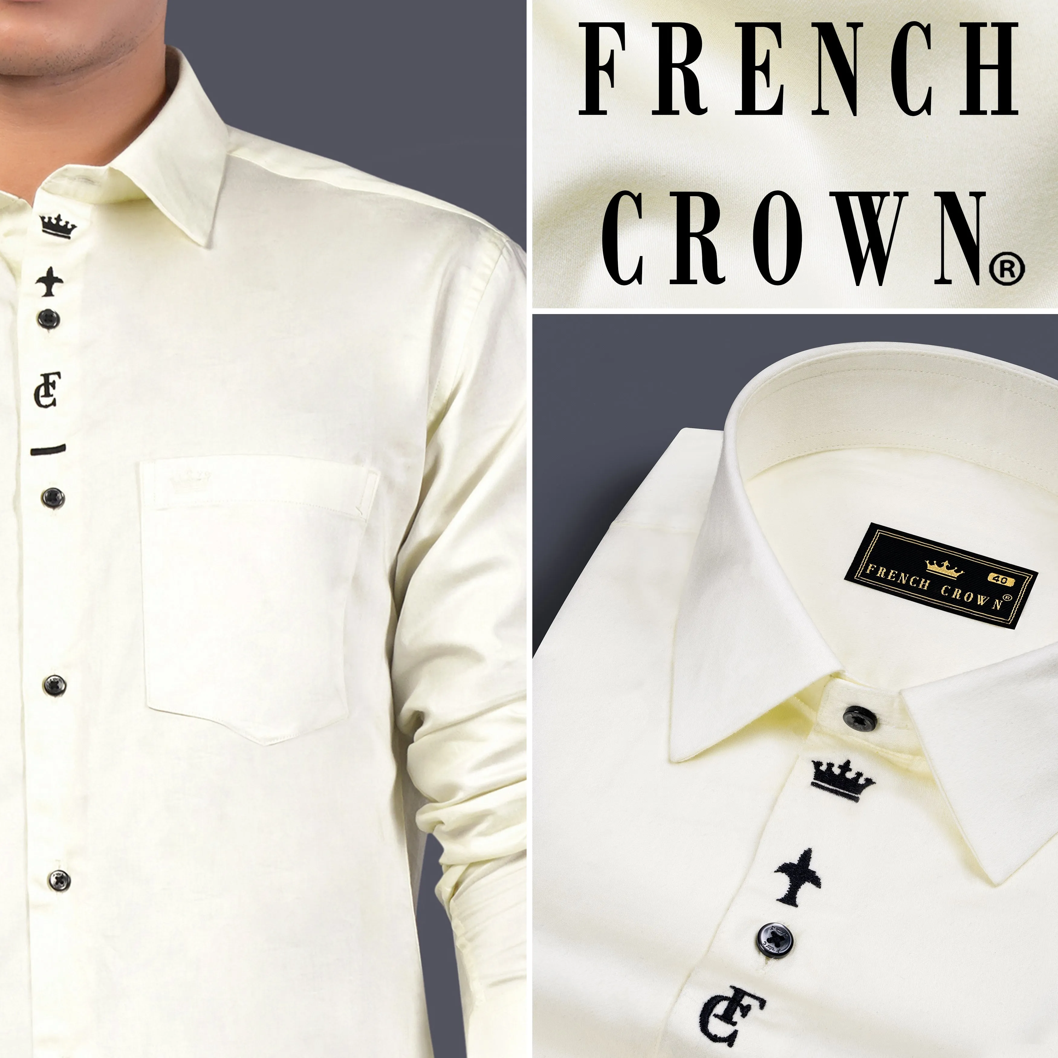 Amour Cream French Crown Elements Embroidered Subtle Sheen Super Soft Premium Cotton Designer Shirt