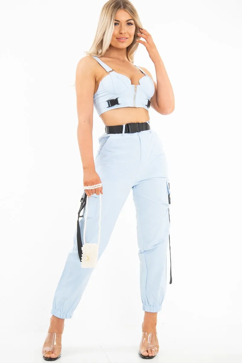 Baby Blue Utility Buckle Bralet And Trouser Set - Aaira