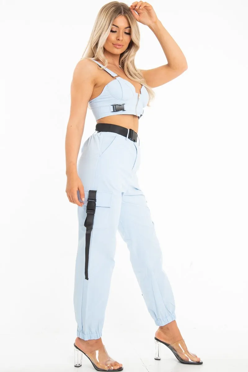 Baby Blue Utility Buckle Bralet And Trouser Set - Aaira