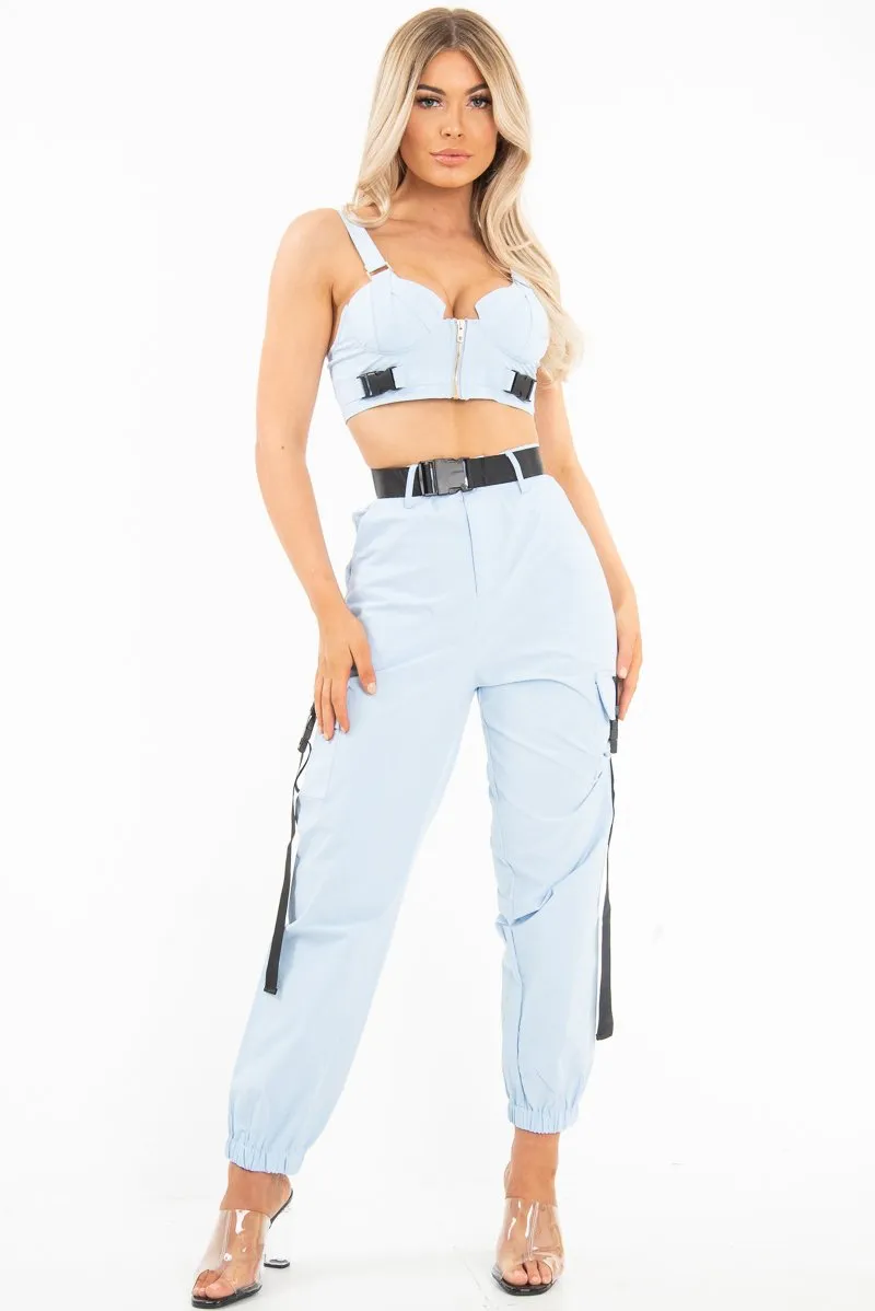 Baby Blue Utility Buckle Bralet And Trouser Set - Aaira