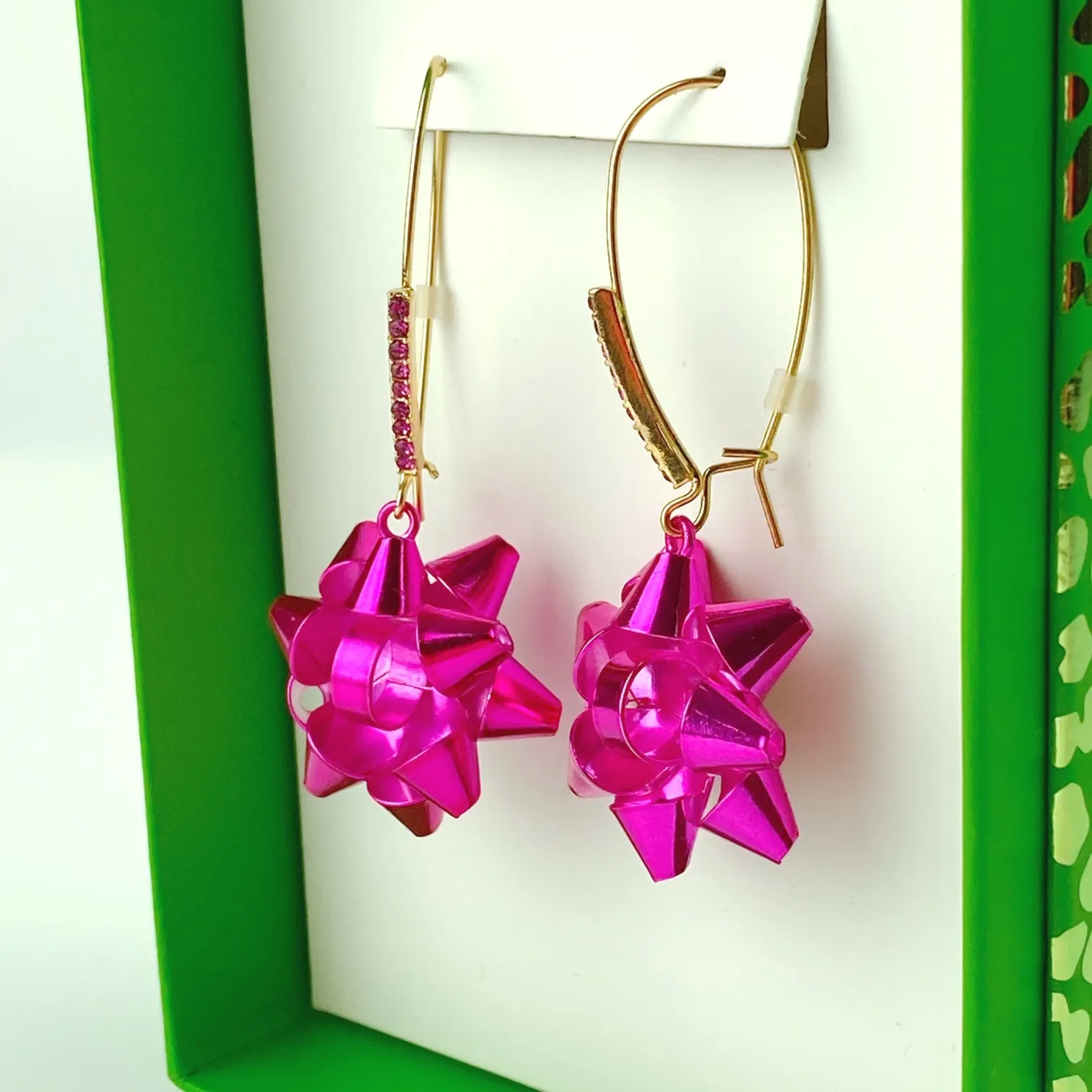 Betsey Johnson Hot Pink Holiday Wrap Me Up Bow Dangle Earrings