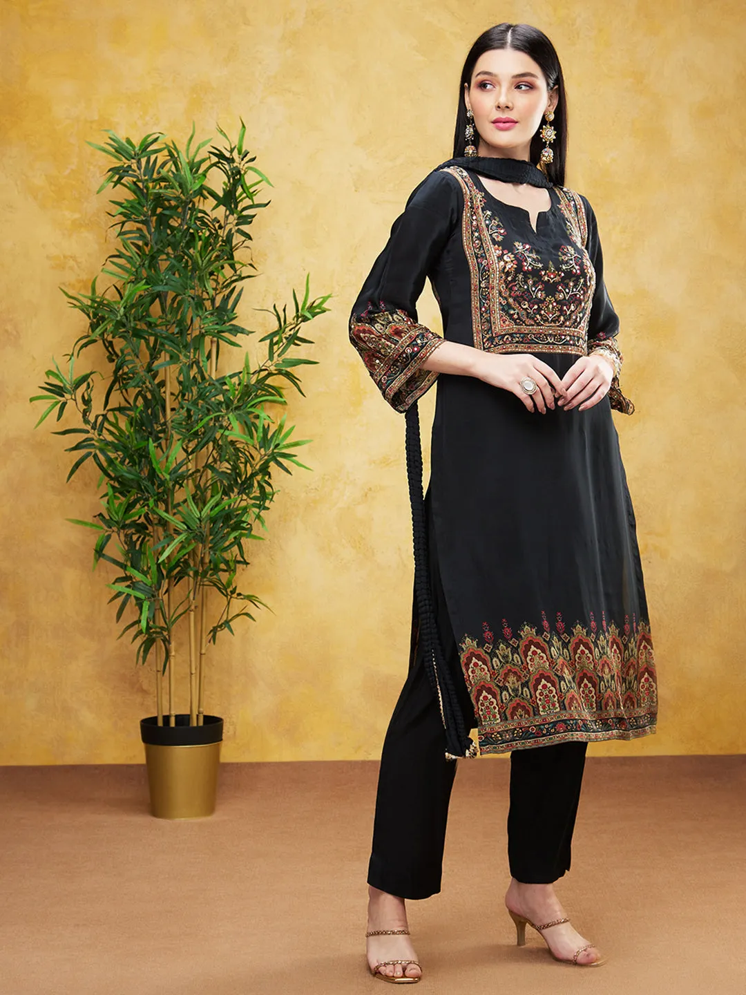 Black Ethnic Printed Habutai Silk Pants Set