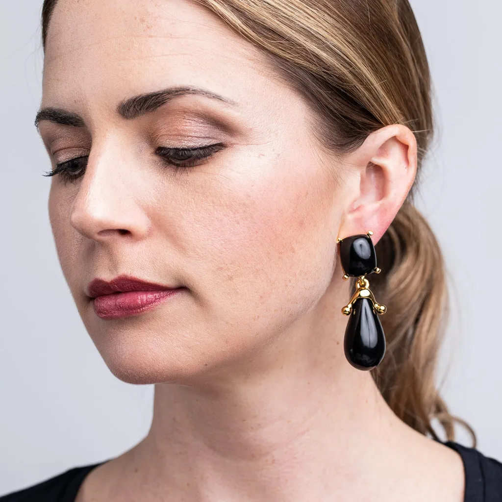 Black Square Top Drop Clip Earrings