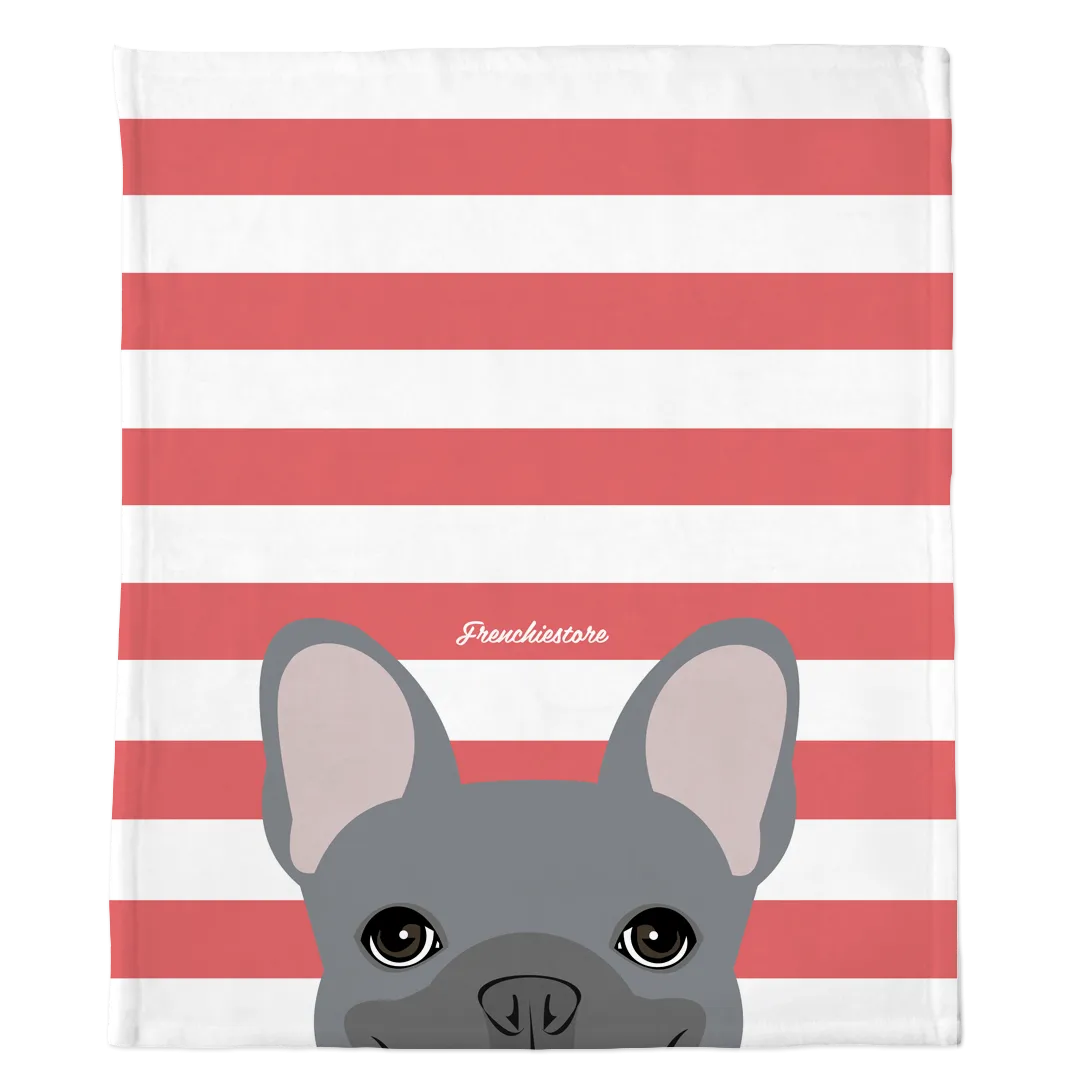 Blue French Bulldog on Coral Stripes | Frenchie Blanket