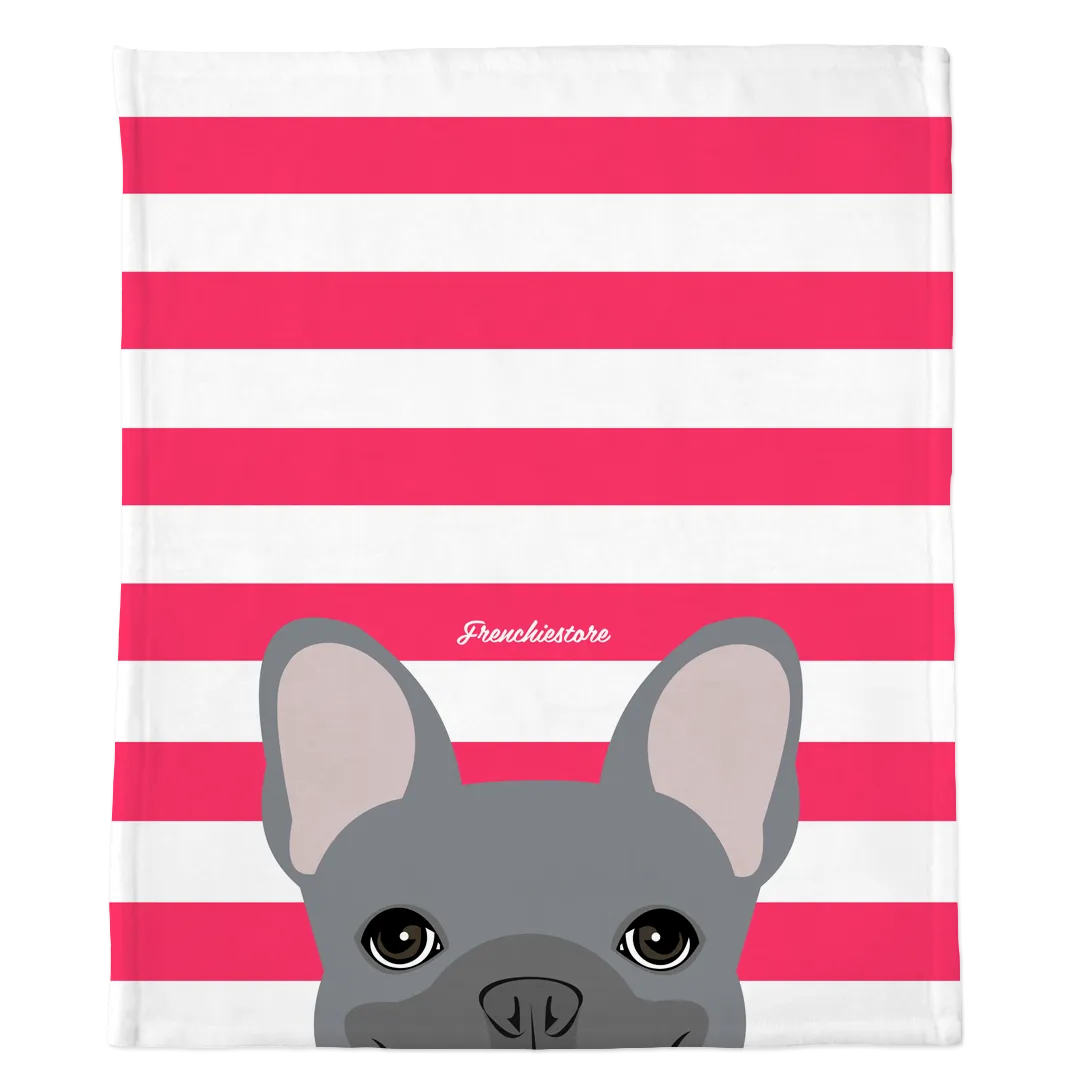 Blue French Bulldog on Hot Pink Stripes | Frenchie Blanket