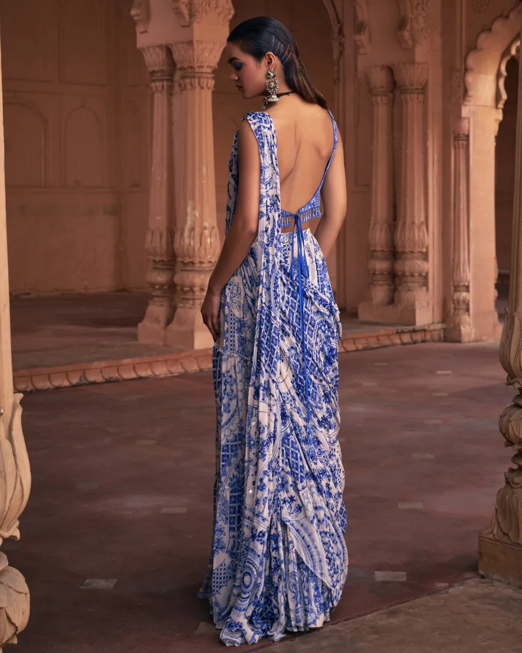 Blue Thikri Print and Highlighted Sari Set