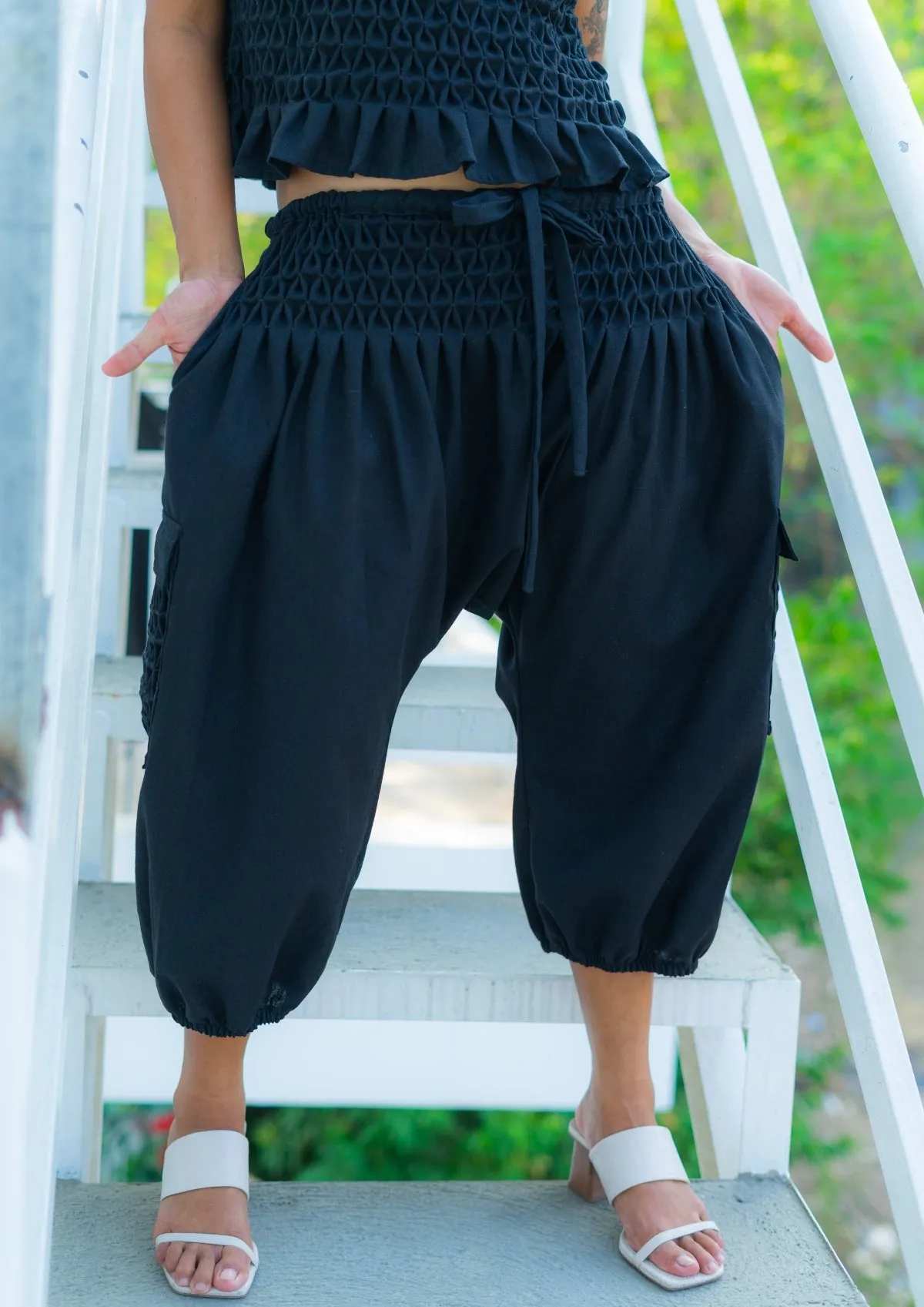 boho cargo pants - black linen