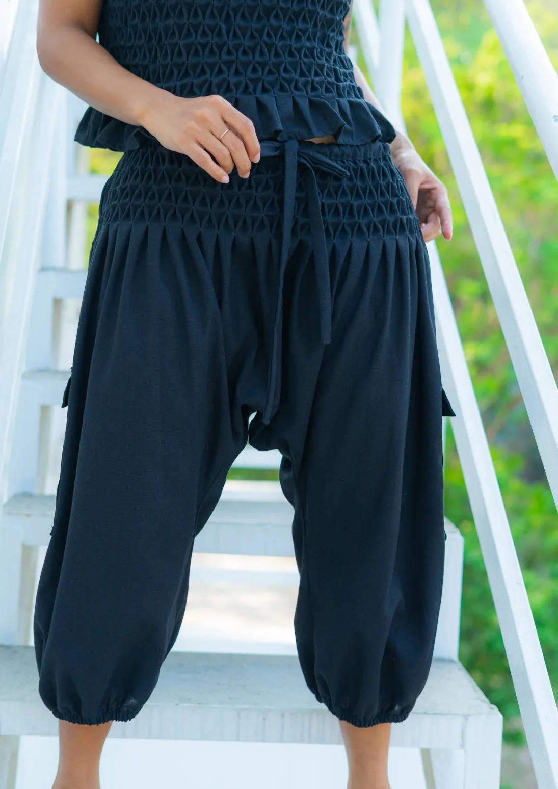 boho cargo pants - black linen