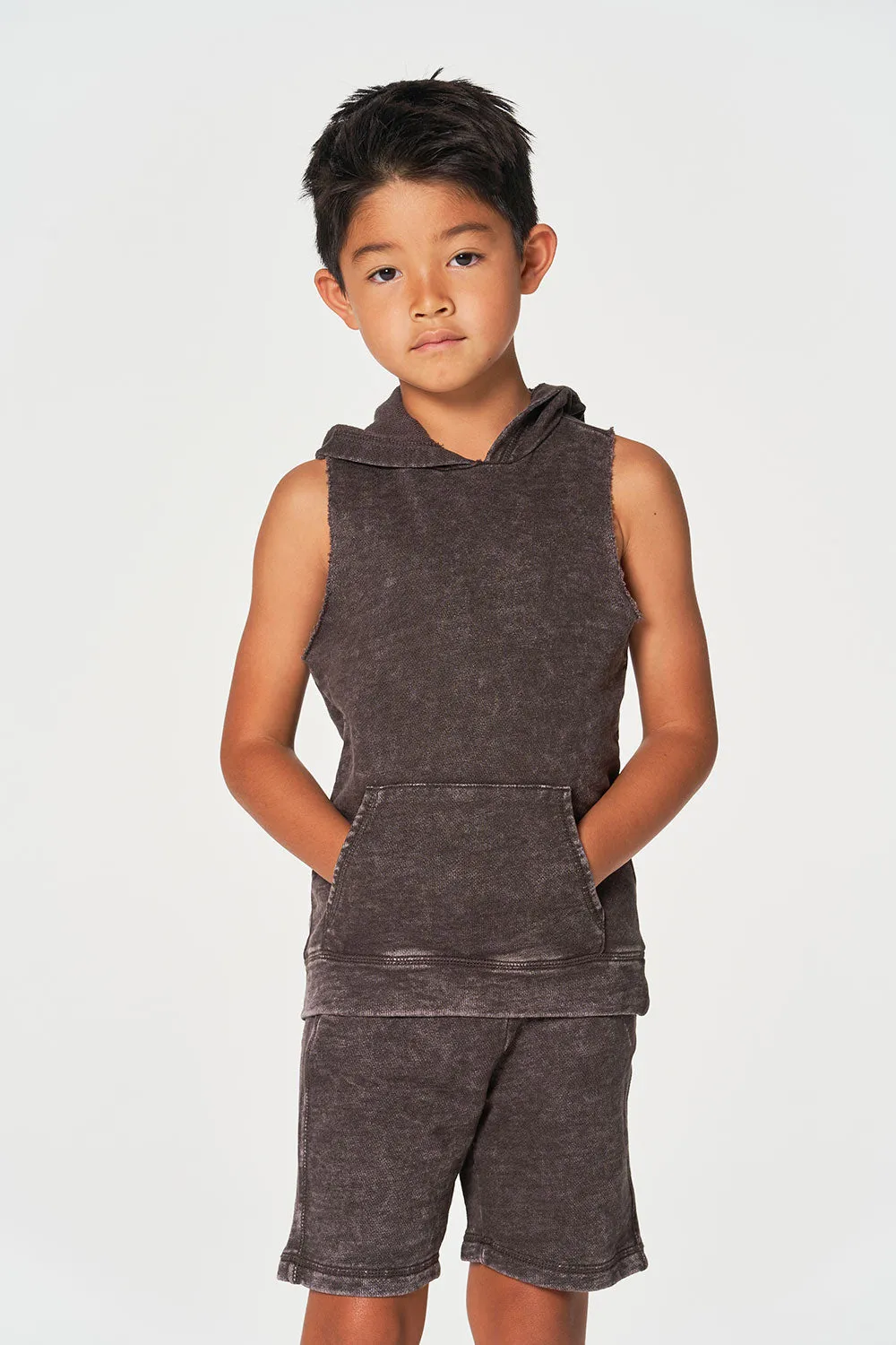 Boys Linen French Terry Sleeveless Muscle Pullover Hoodie