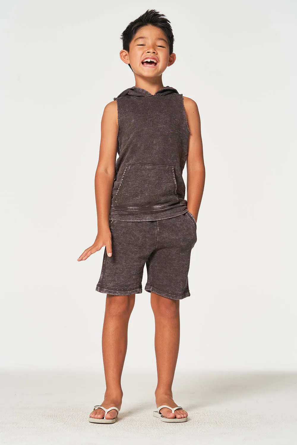 Boys Linen French Terry Sleeveless Muscle Pullover Hoodie