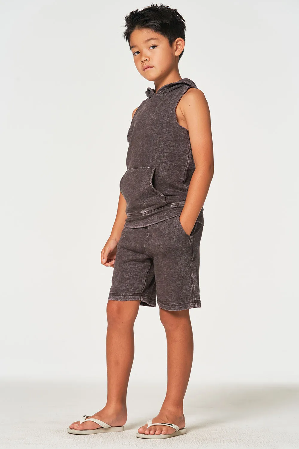 Boys Linen French Terry Sleeveless Muscle Pullover Hoodie