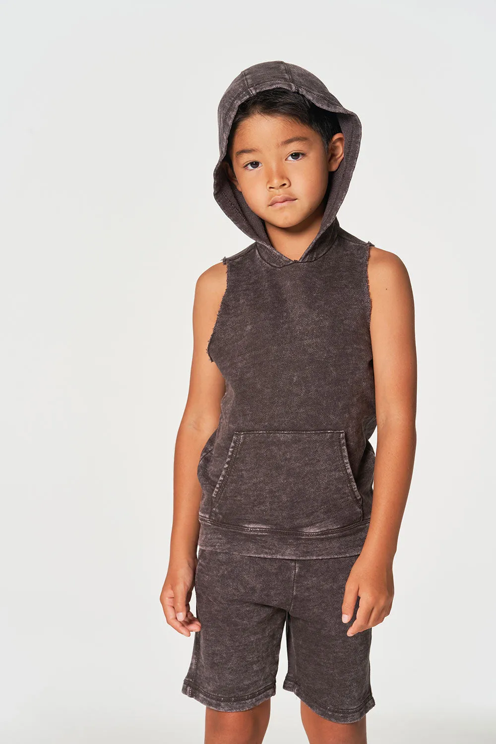 Boys Linen French Terry Sleeveless Muscle Pullover Hoodie