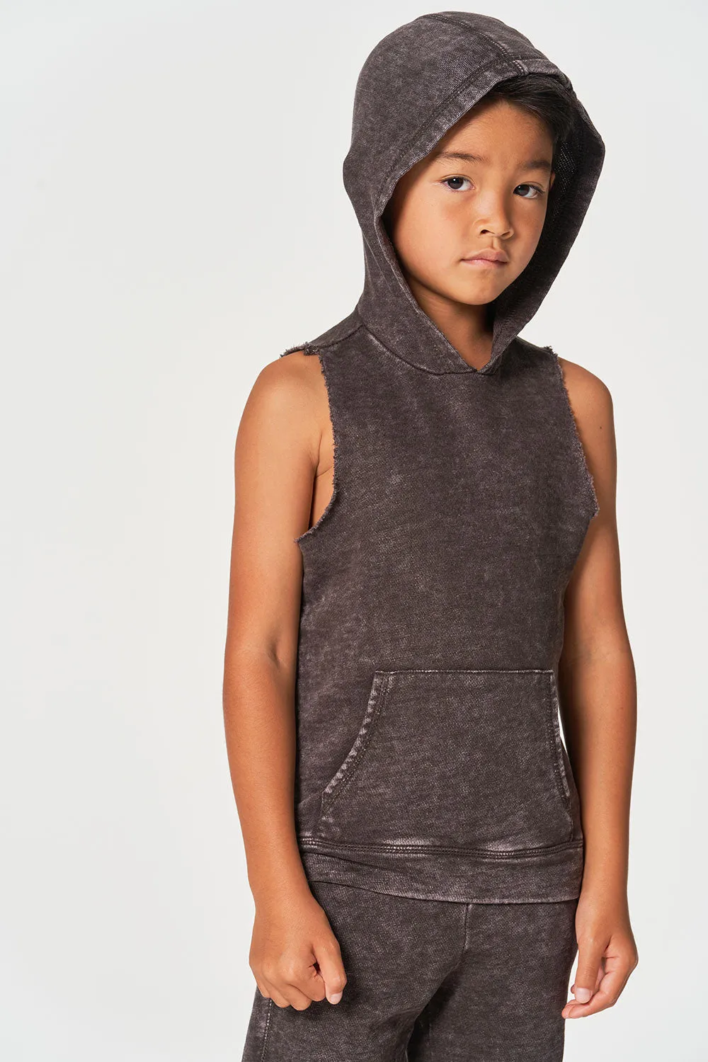 Boys Linen French Terry Sleeveless Muscle Pullover Hoodie