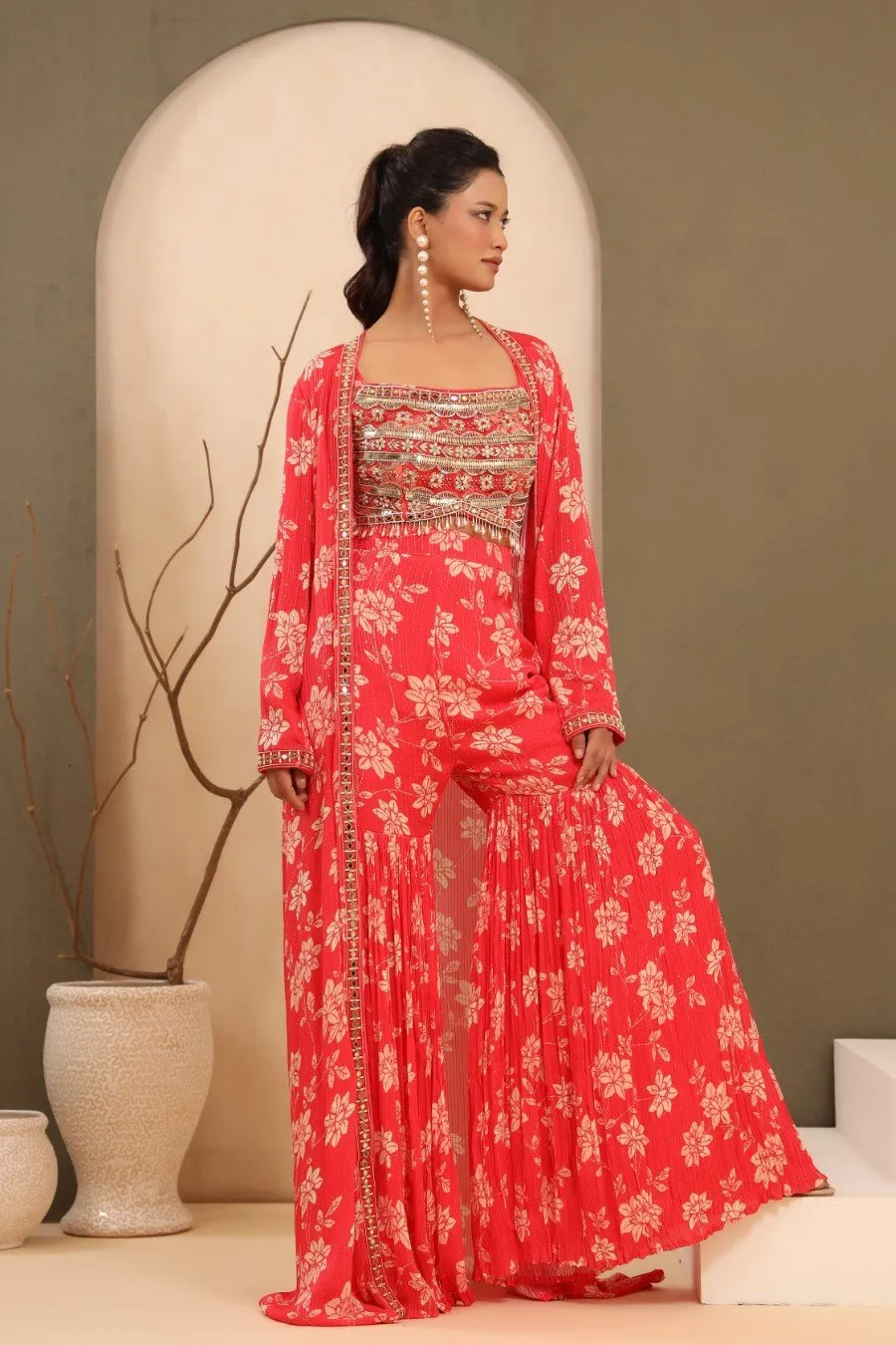 Bright Pink Embellished &amp; Printed Sharara with Cape