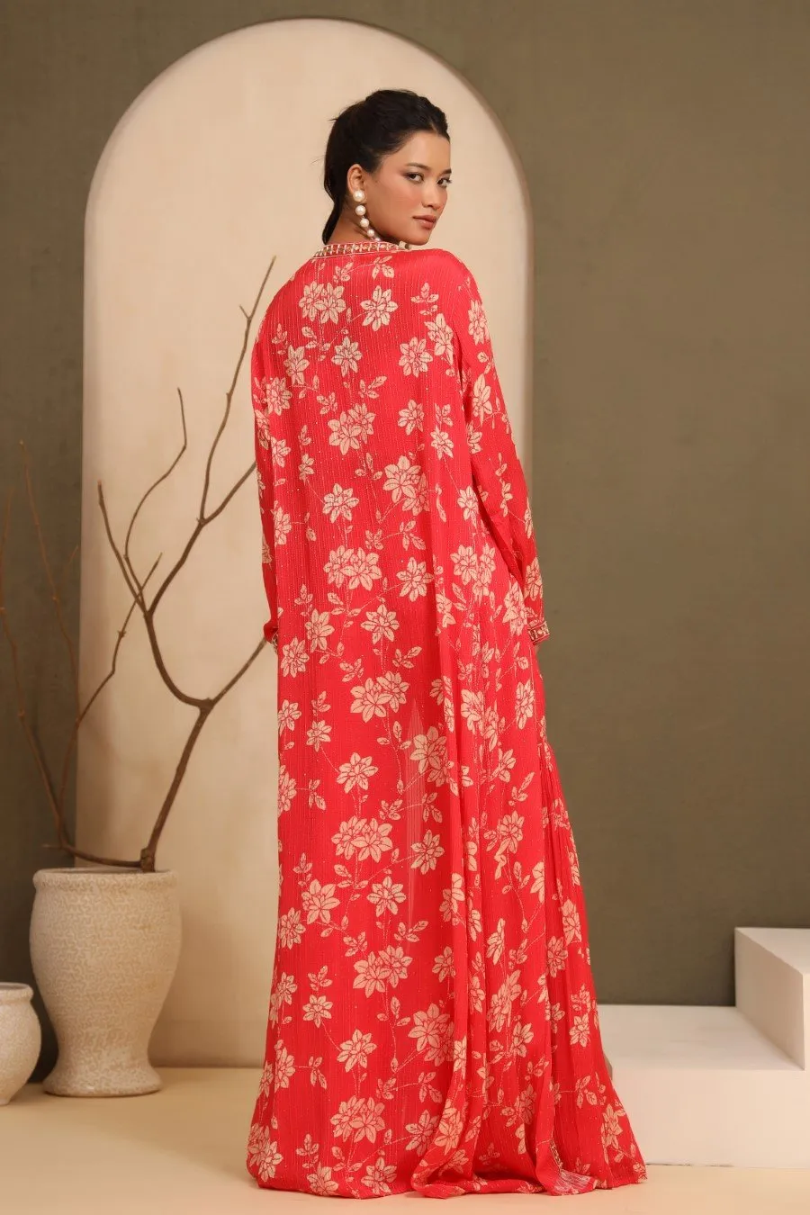 Bright Pink Embellished &amp; Printed Sharara with Cape