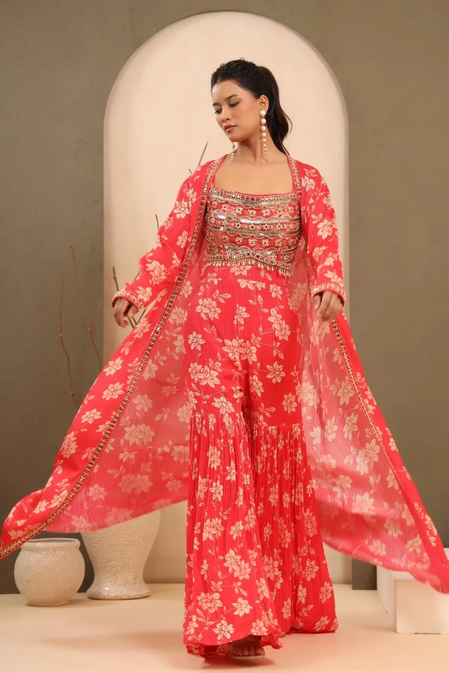 Bright Pink Embellished &amp; Printed Sharara with Cape