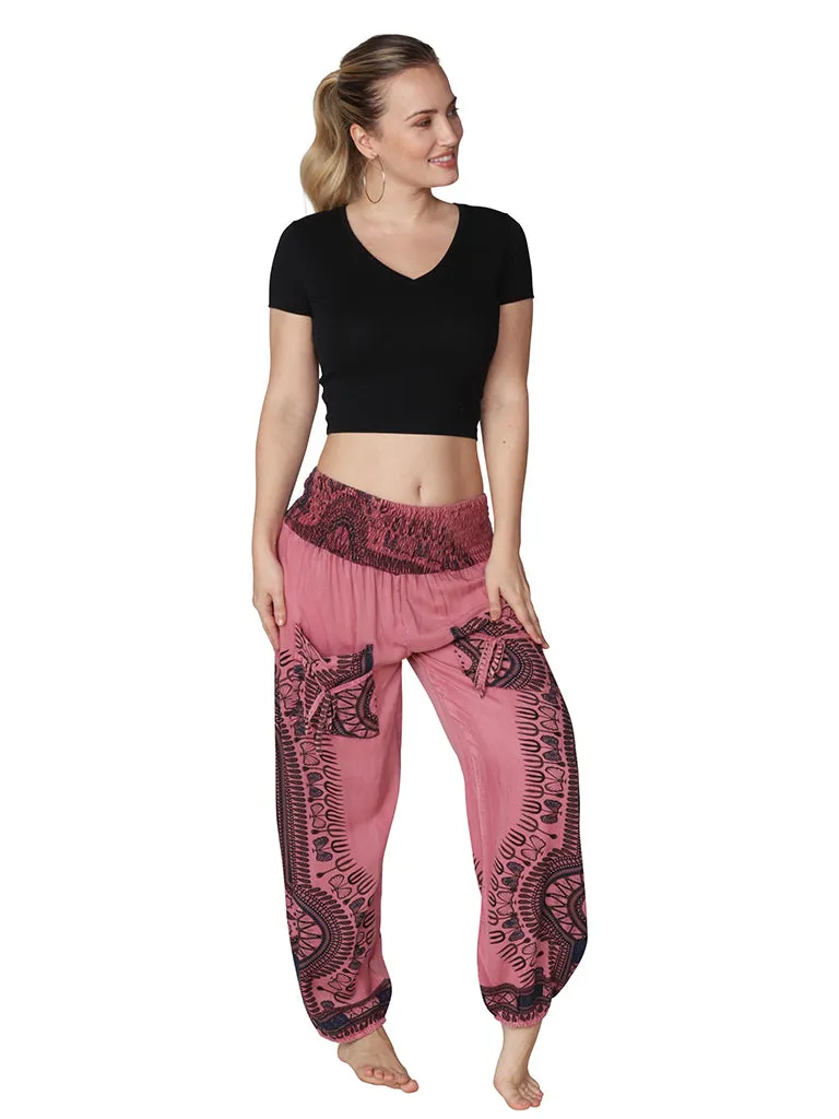 Brightly tie-dyed and printed smocked on top harem pant