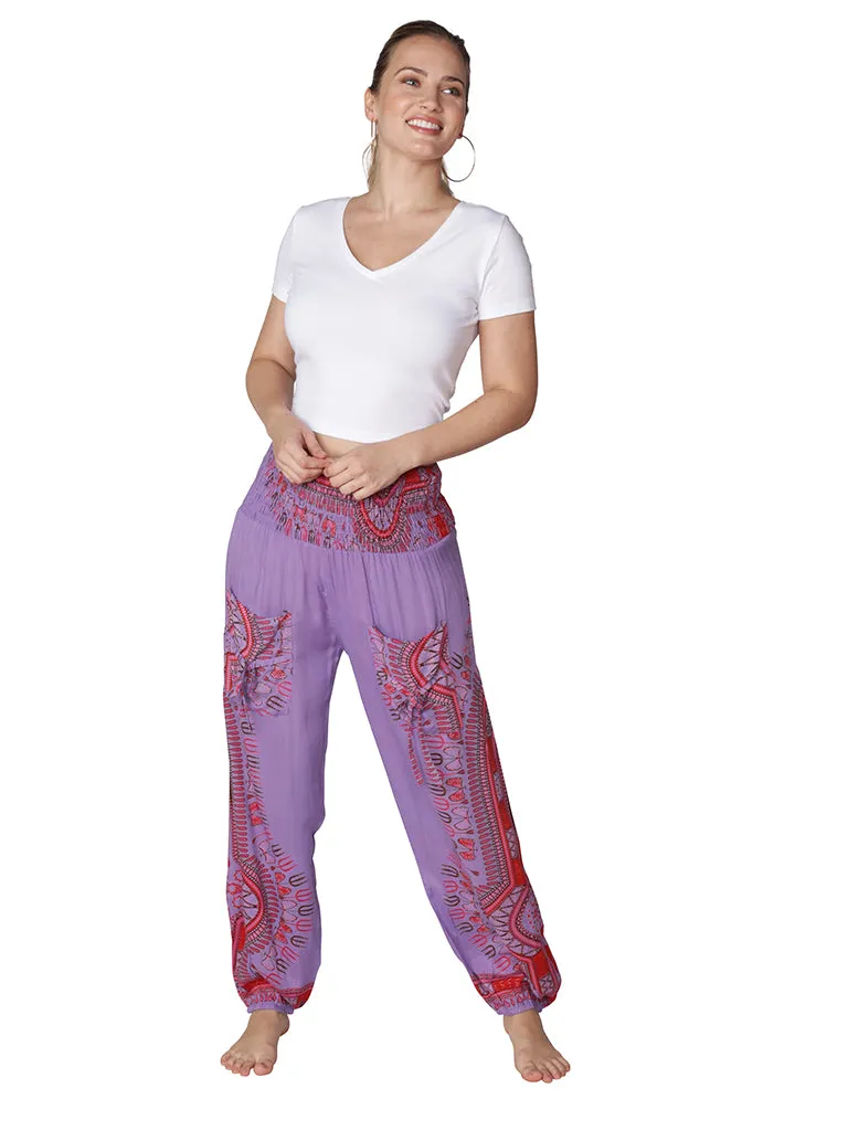 Brightly tie-dyed and printed smocked on top harem pant