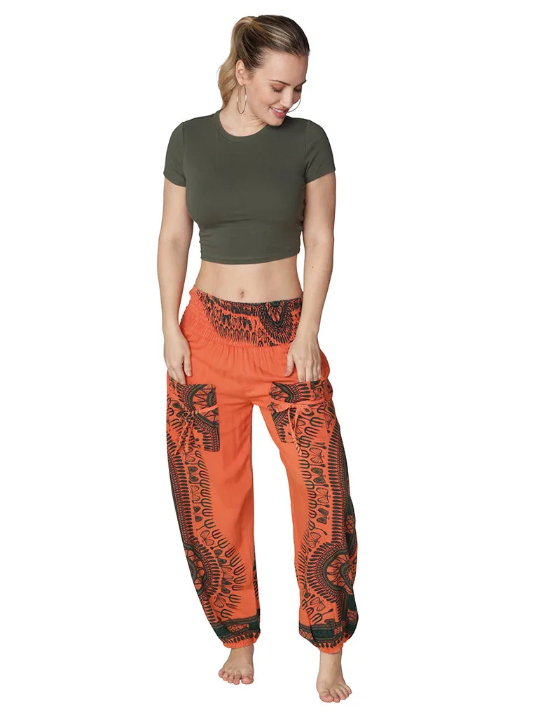 Brightly tie-dyed and printed smocked on top harem pant