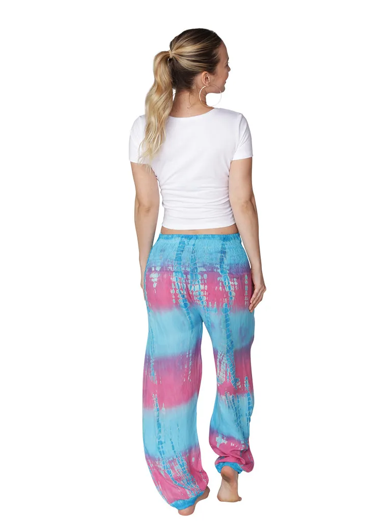 Brightly tie-dyed and printed smocked on top harem pant