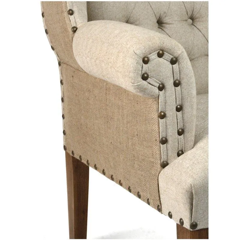 Burlap and Linen Tufted Wing Chair