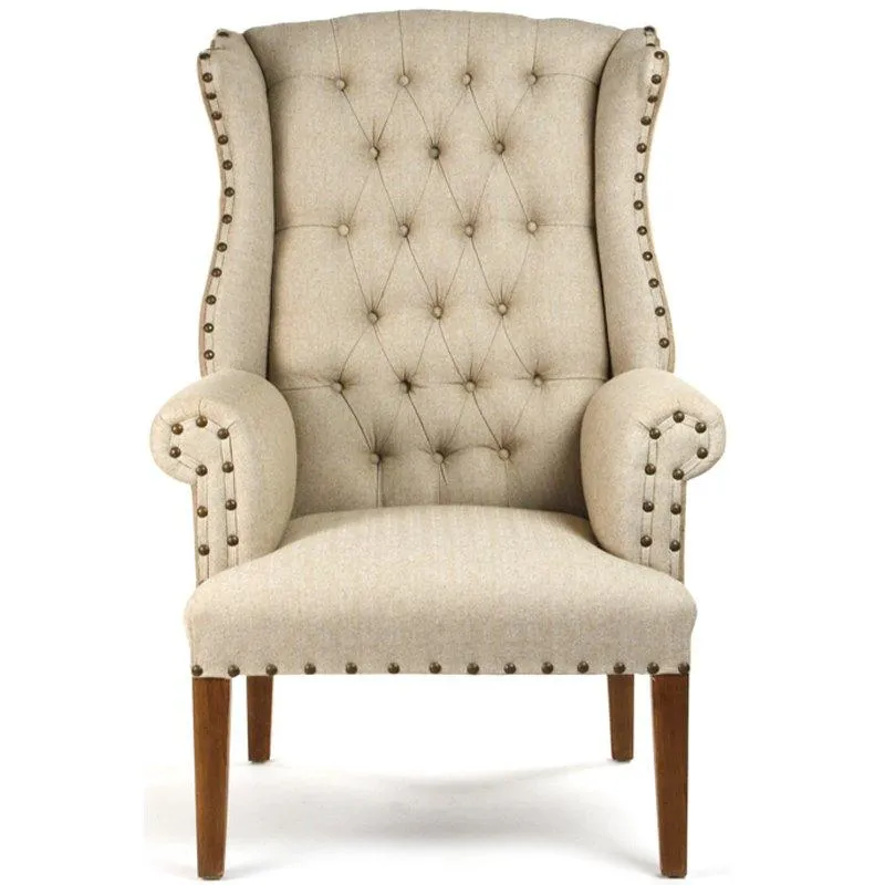 Burlap and Linen Tufted Wing Chair