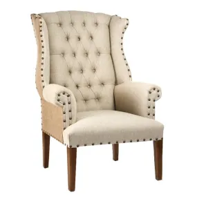 Burlap and Linen Tufted Wing Chair