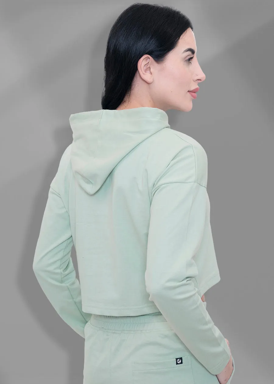 Coral Green Solid Cropped Hoodie For Womens | Pronk