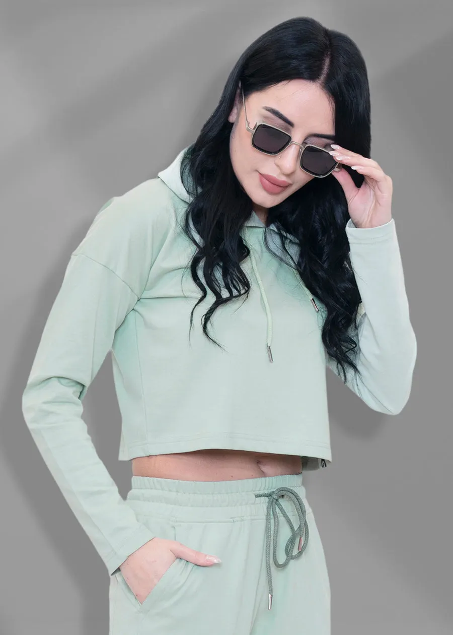 Coral Green Solid Cropped Hoodie For Womens | Pronk